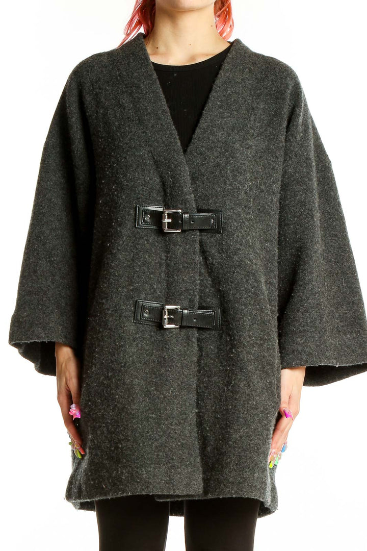 Front view of MICHAEL Michael Kors charcoal oversized wool coat with leather buckle closures