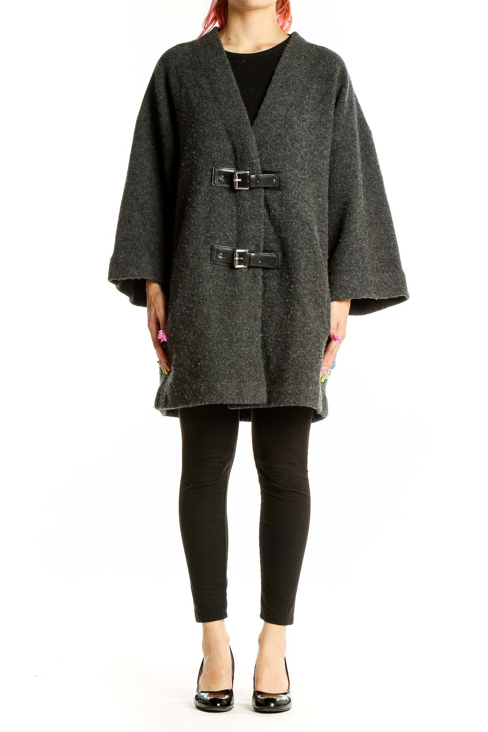 Front view of MICHAEL Michael Kors charcoal oversized wool coat with leather buckle closures