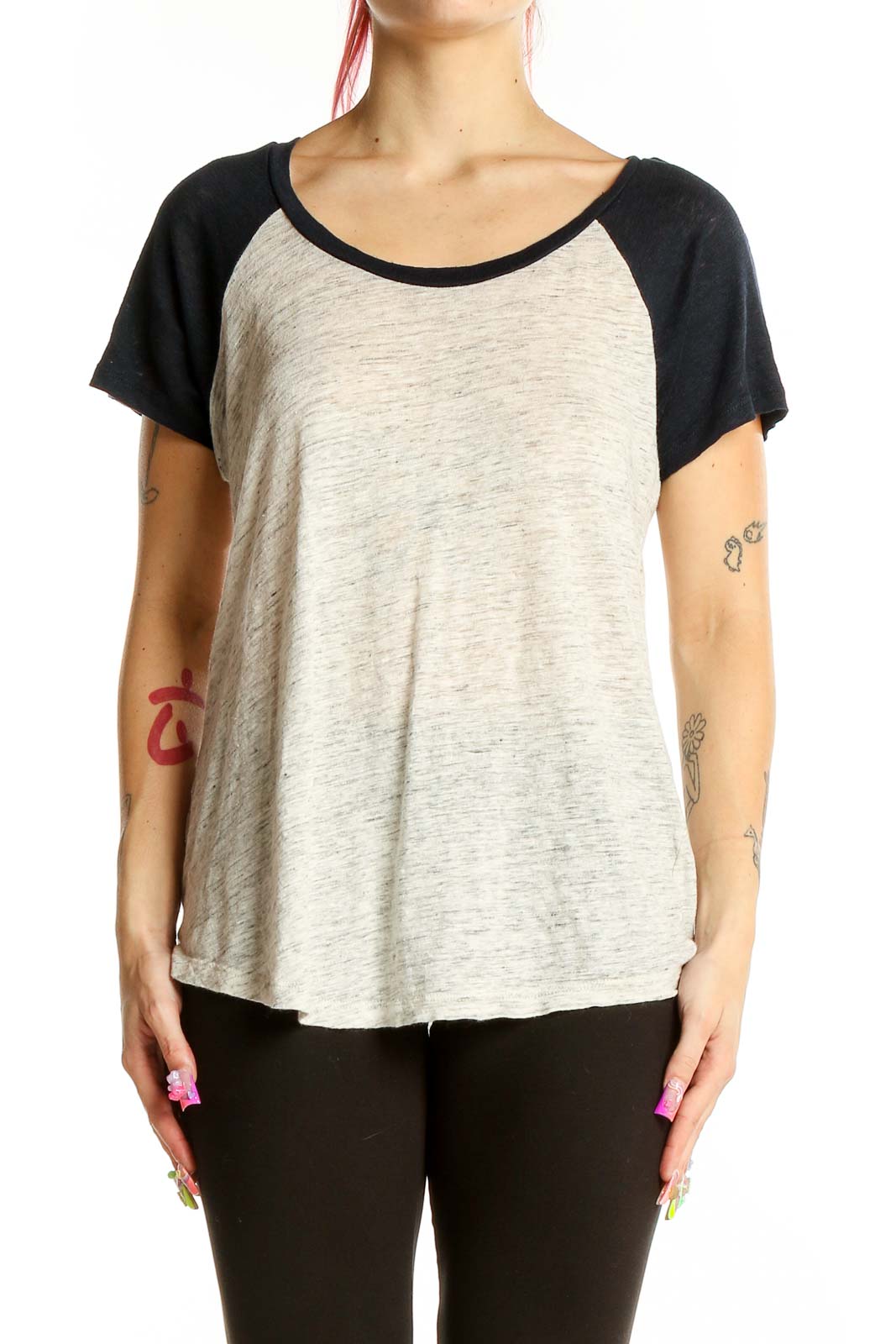 Front view of J.Crew gray linen top with black raglan sleeves