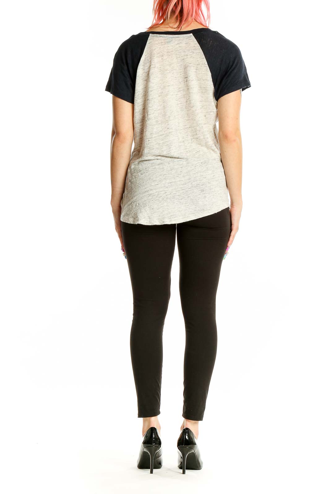 Back view of J.Crew gray linen top with black raglan sleeves