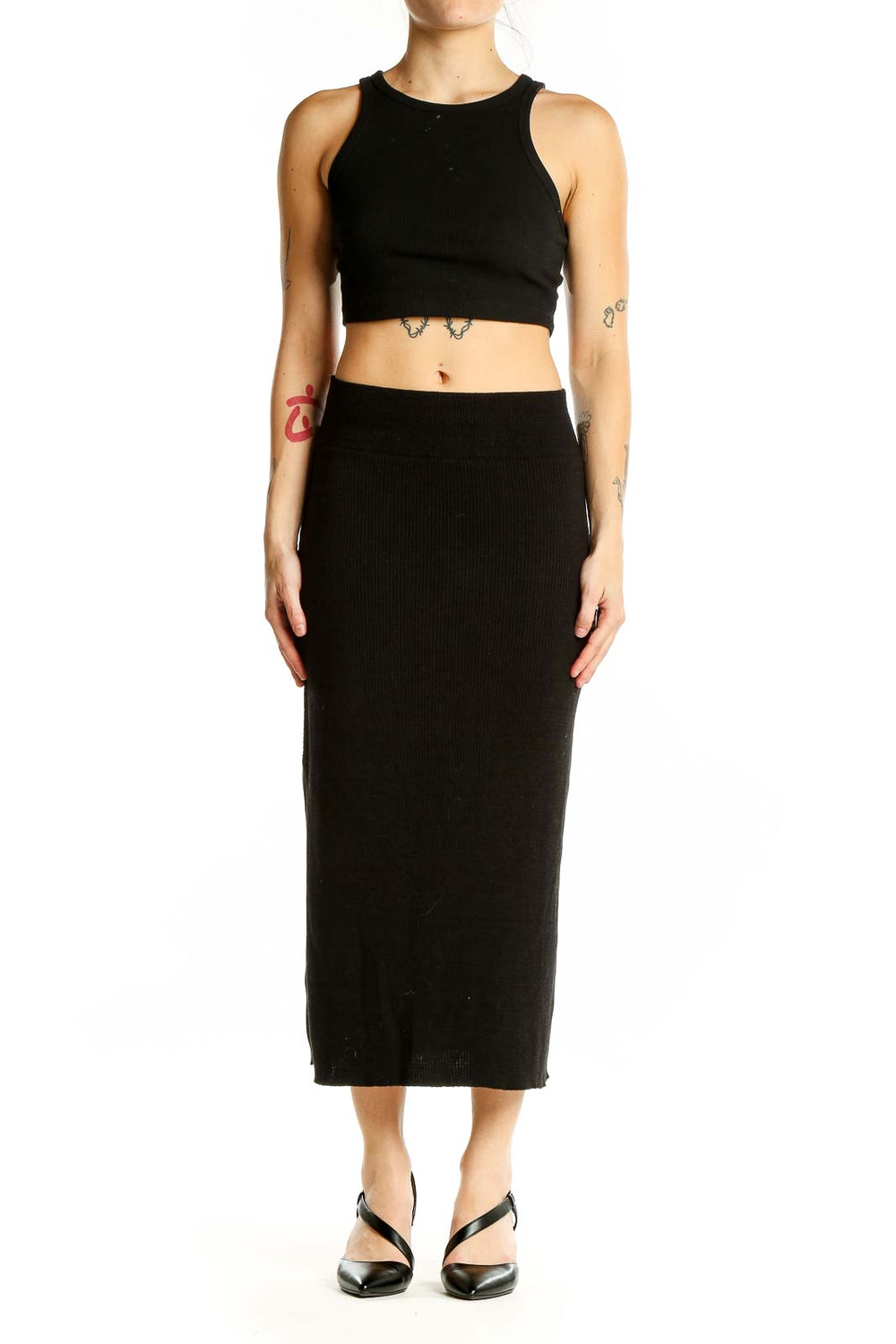 Front view of Free People Black Ribbed Cotton Midi Skirt on model