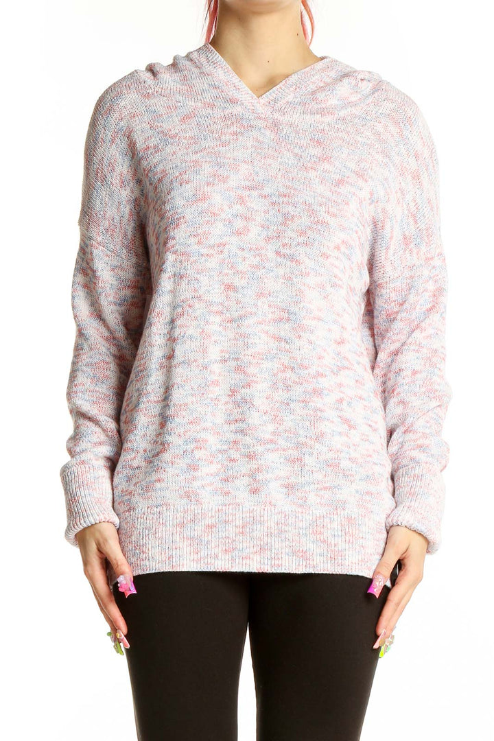 Front view of pink marled hooded knit sweater from Gap