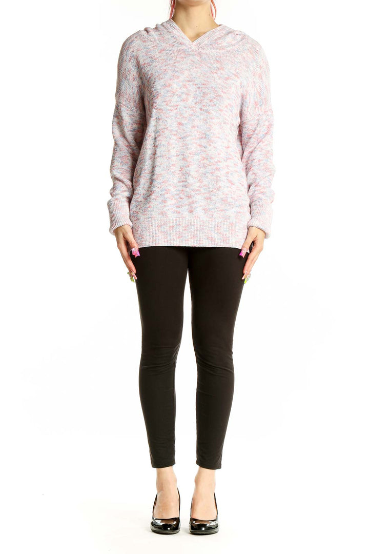 Front view of pink marled hooded knit sweater from Gap