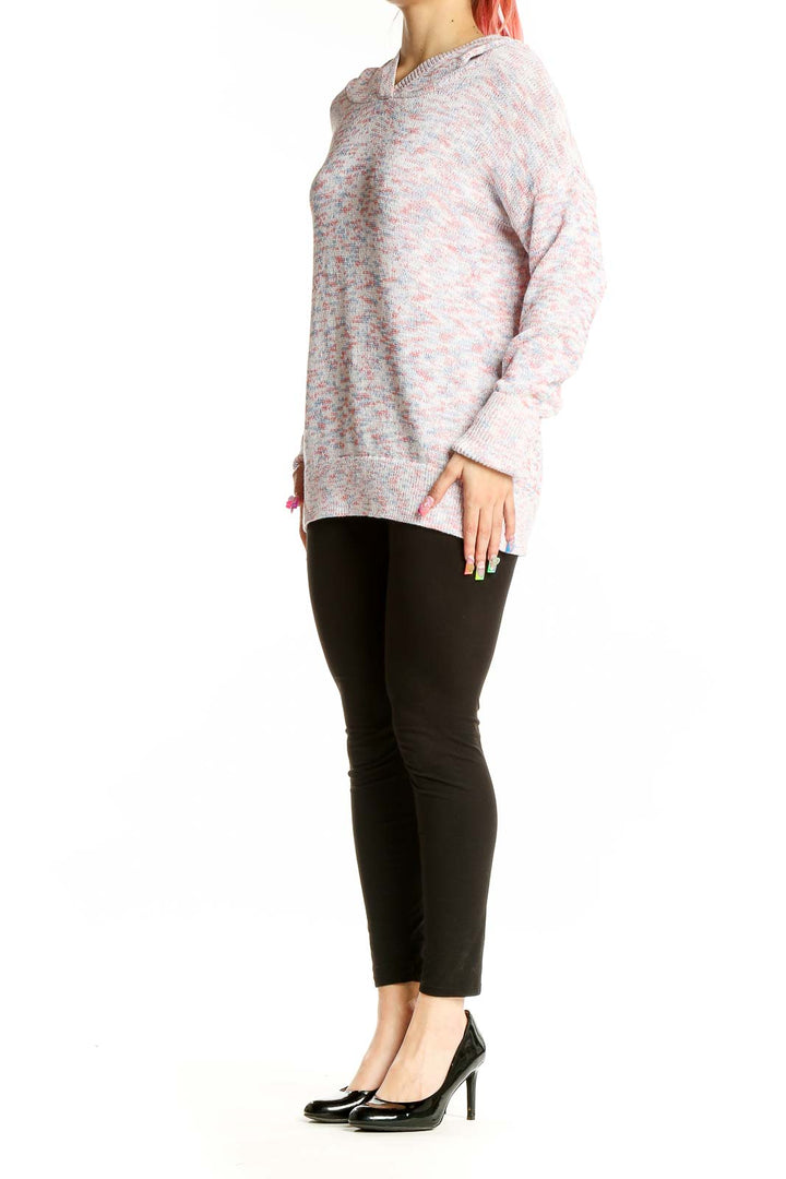 Front view of pink marled hooded knit sweater from Gap