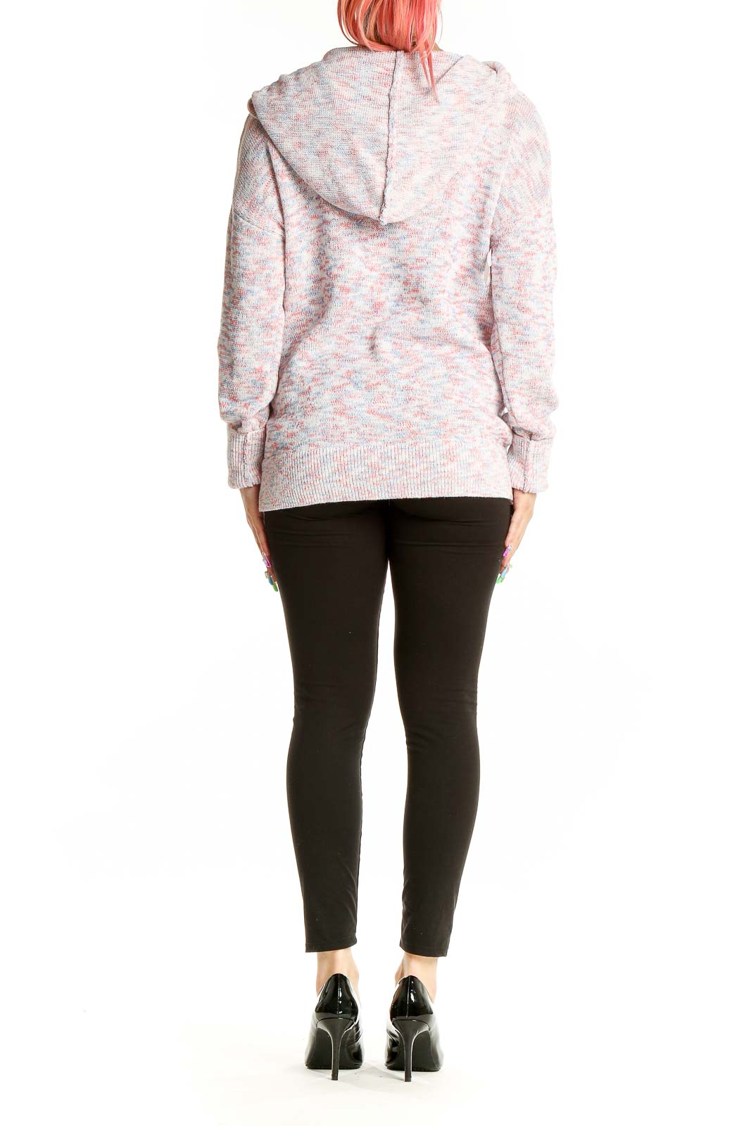 Back view of pink marled hooded knit sweater from Gap showing hood detail