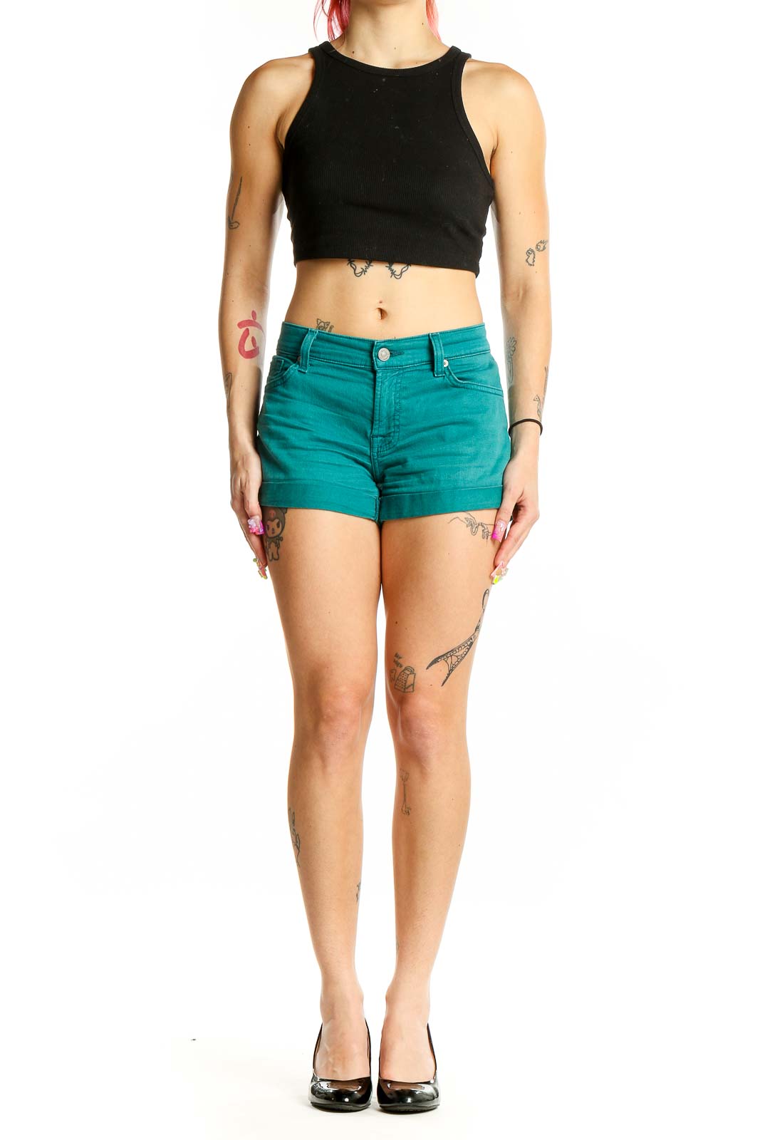 Front view of teal cuffed shorts by 7 For All Mankind