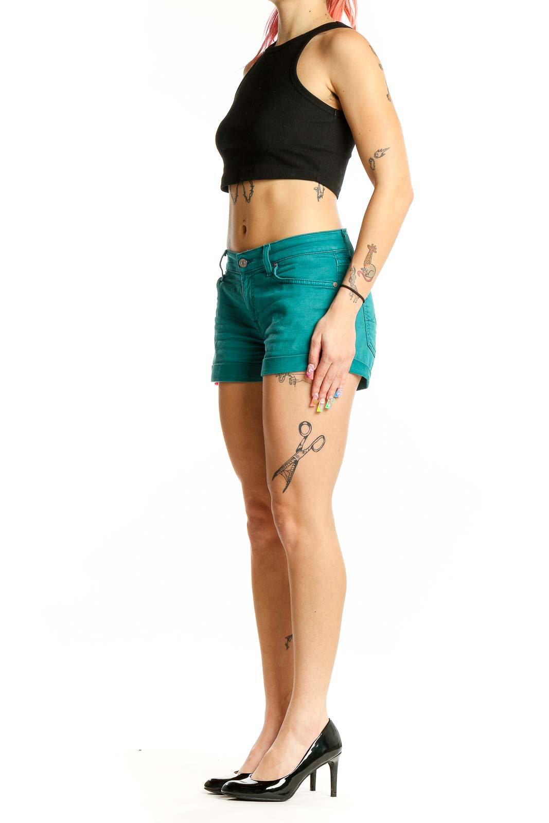 Front view of teal cuffed shorts by 7 For All Mankind