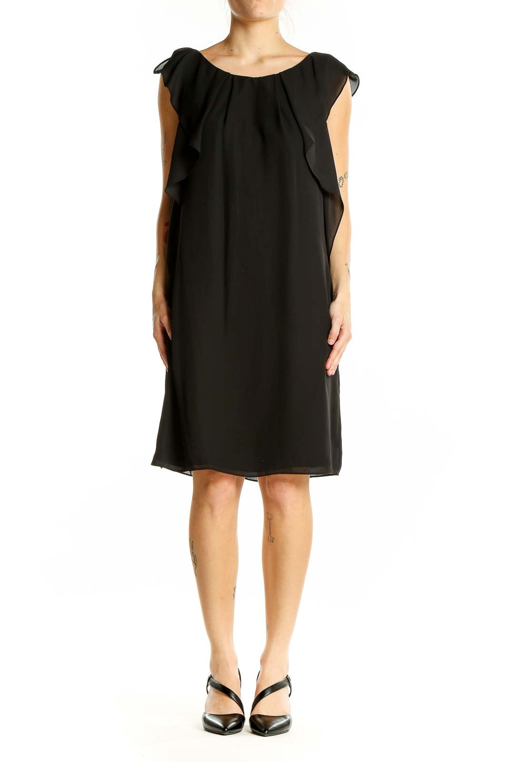 Front view of black Vince Camuto cocktail dress with ruffled cap sleeves