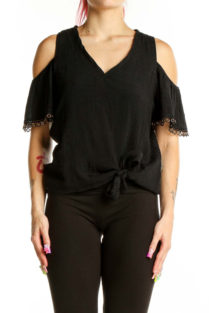 Front view of Thalia Sodi black cold-shoulder top with lace-trim sleeves