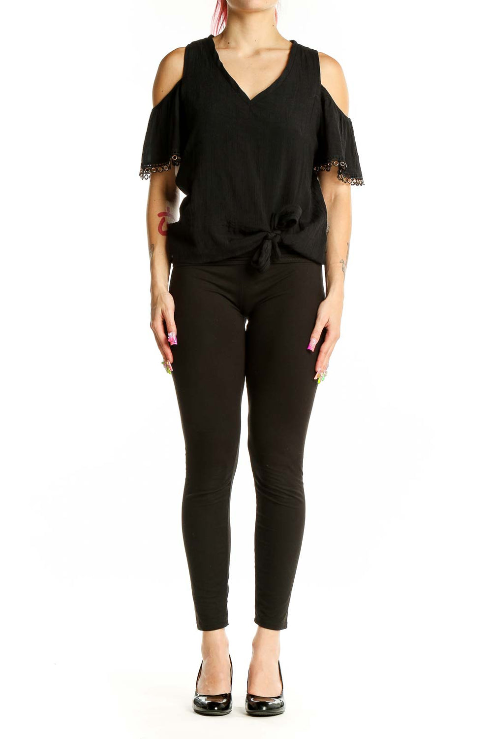 Front view of Thalia Sodi black cold-shoulder top with lace-trim sleeves