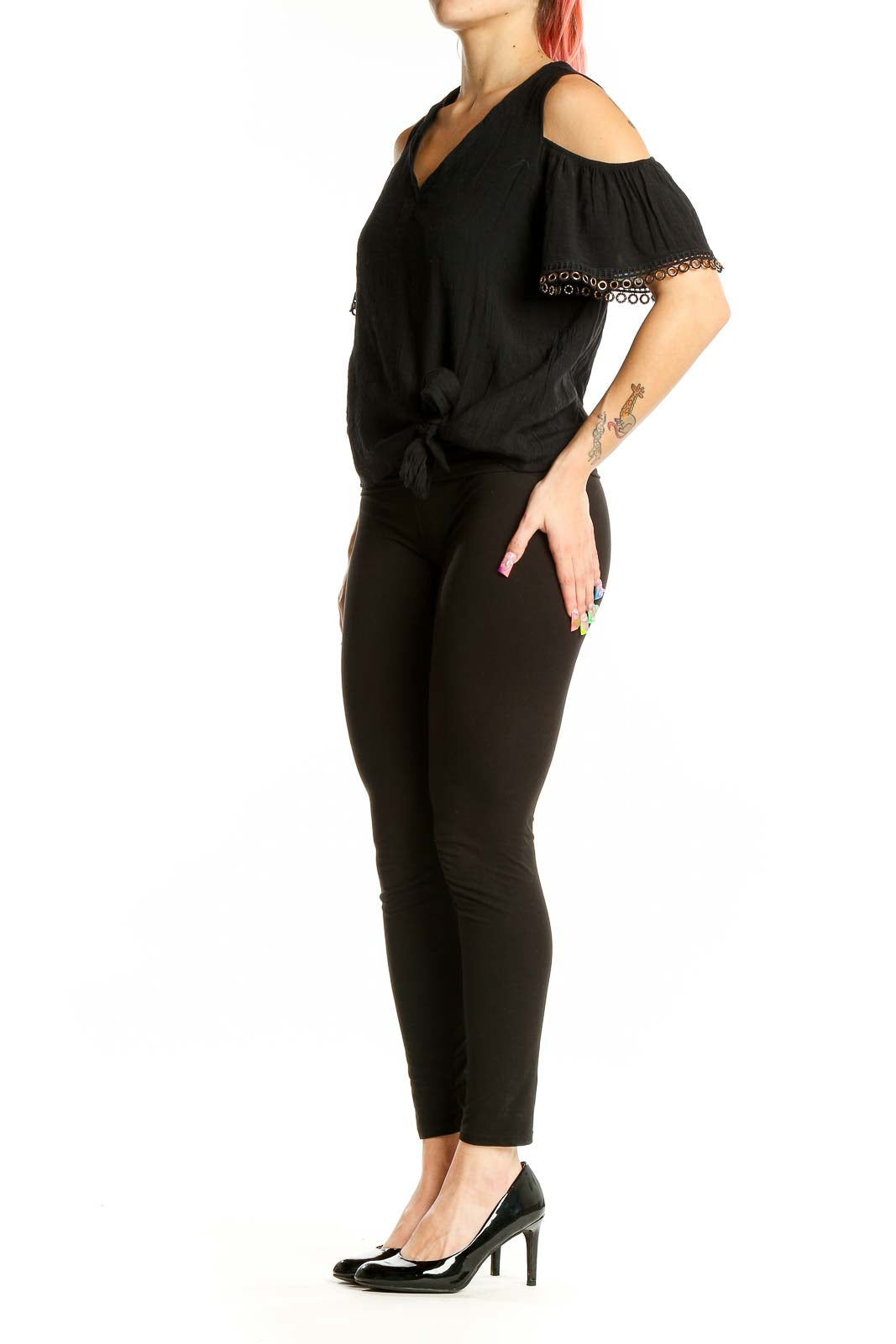 Front view of Thalia Sodi black cold-shoulder top with lace-trim sleeves