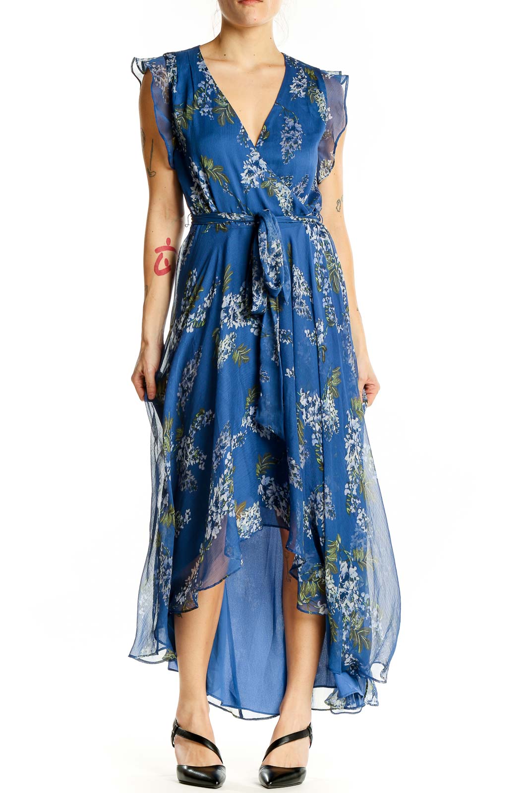 Front view of Vince Camuto blue floral wrap maxi dress with V-neckline and cap sleeves