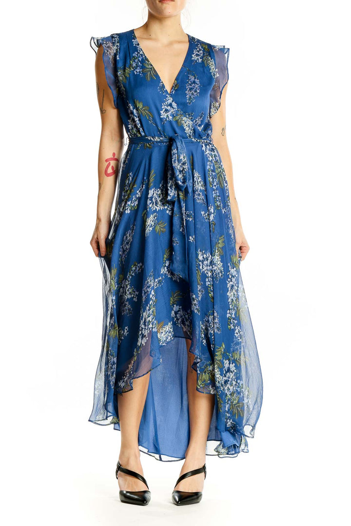 Front view of Vince Camuto blue floral wrap maxi dress with V-neckline and cap sleeves