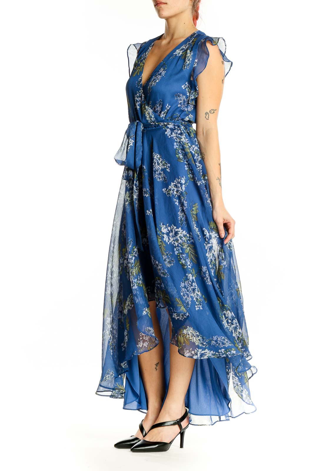 Front view of Vince Camuto blue floral wrap maxi dress with V-neckline and cap sleeves