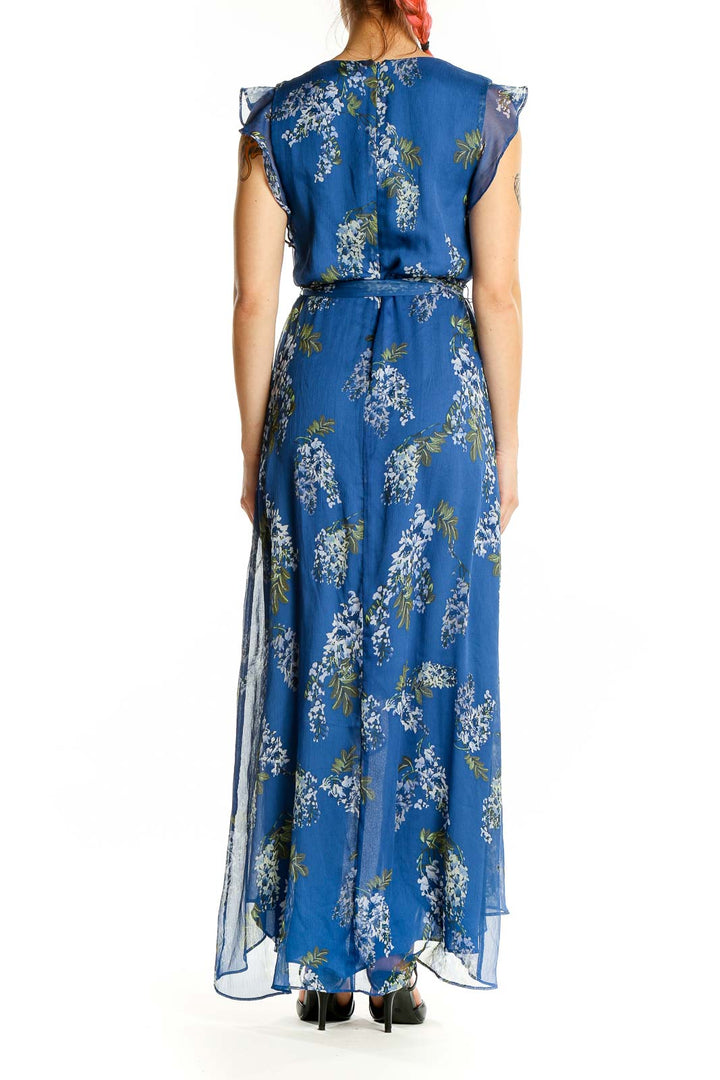 Back view of Vince Camuto blue floral wrap maxi dress showing high-low hemline