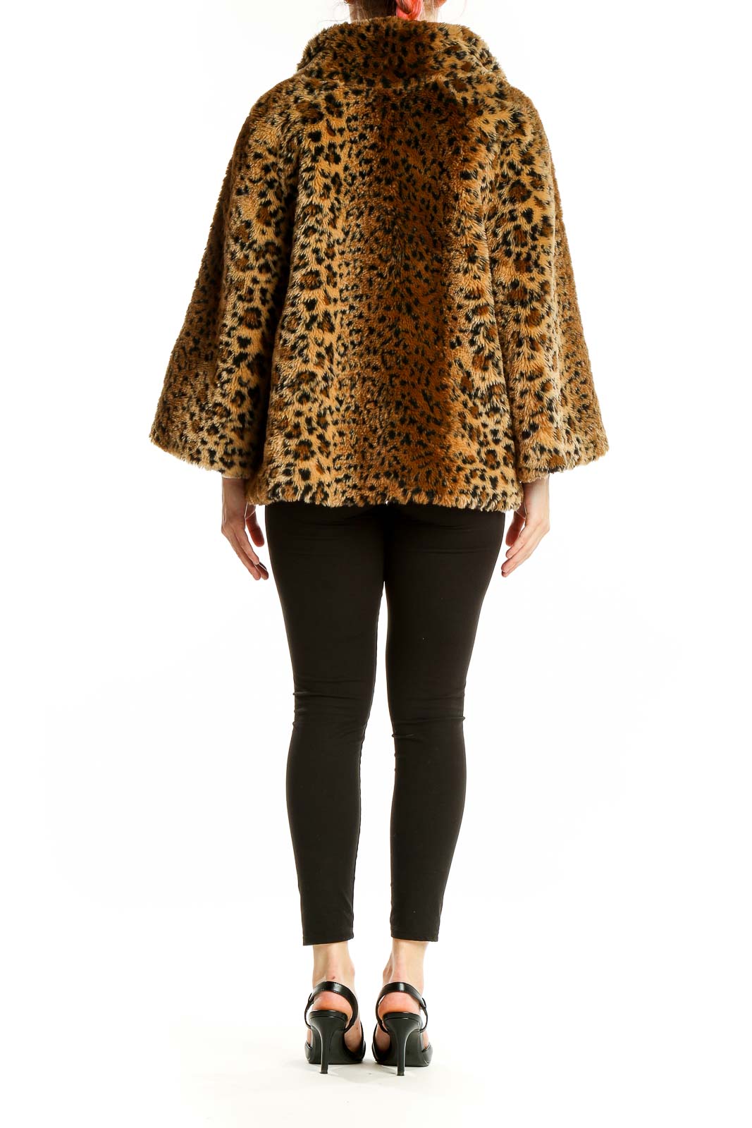 Back view of leopard print faux fur jacket showing oversized fit