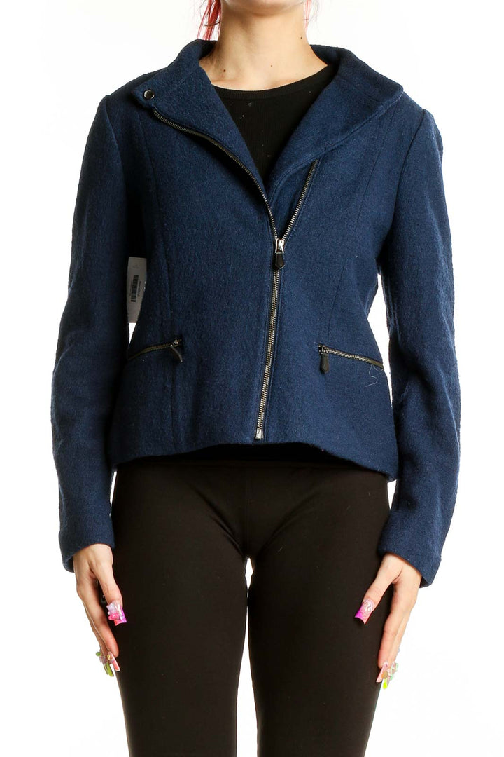 Front view of Talbots navy moto jacket with asymmetrical zipper