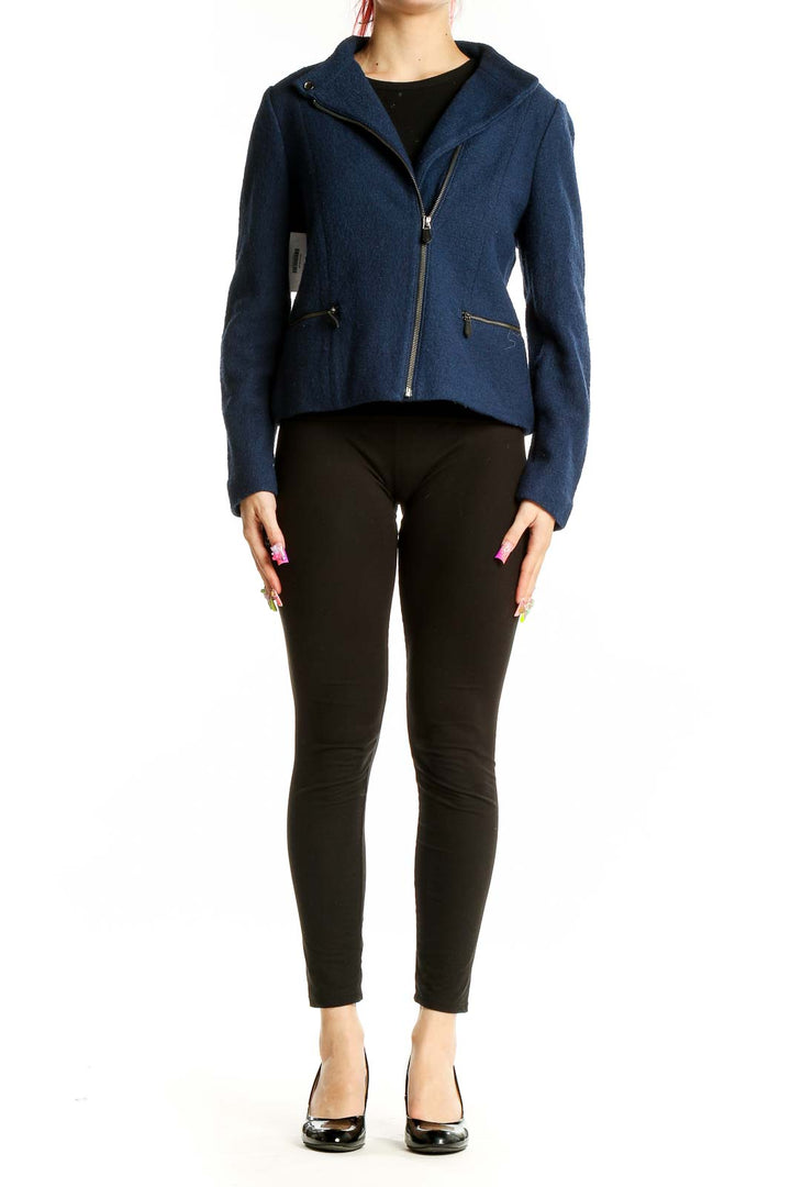 Front view of Talbots navy moto jacket with asymmetrical zipper