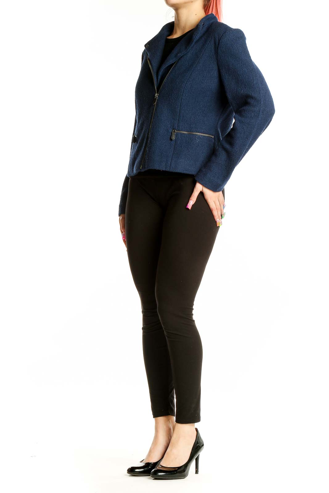 Front view of Talbots navy moto jacket with asymmetrical zipper