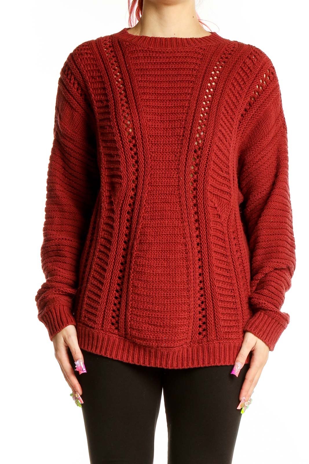 Front view of red chunky knit oversized sweater by Simply Vera Vera Wang