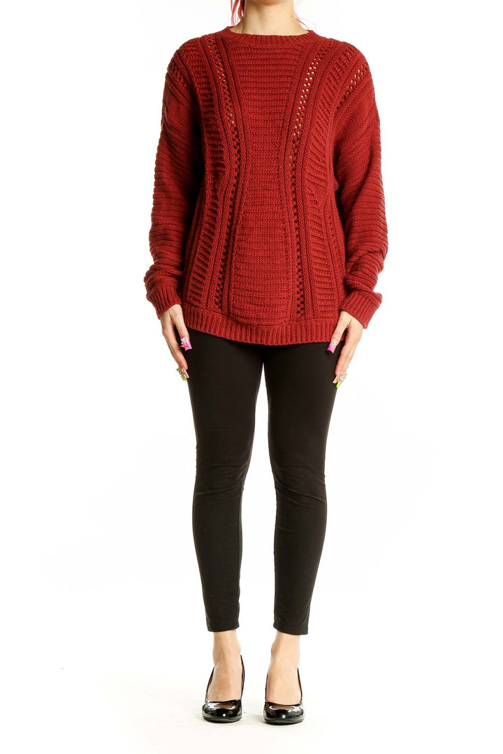 Front view of red chunky knit oversized sweater by Simply Vera Vera Wang