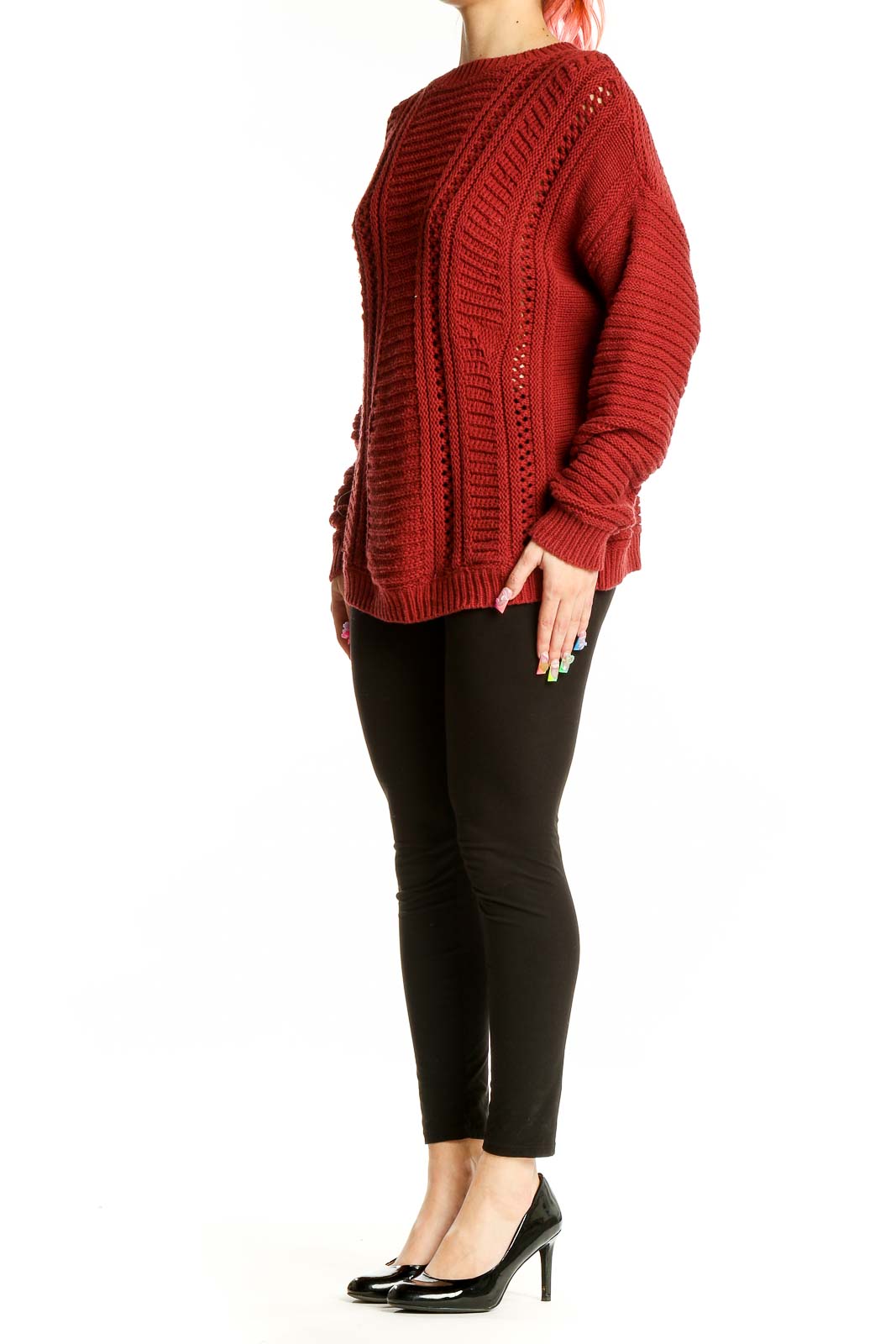 Front view of red chunky knit oversized sweater by Simply Vera Vera Wang