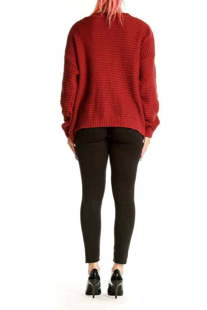 Back view of red chunky knit oversized sweater by Simply Vera Vera Wang