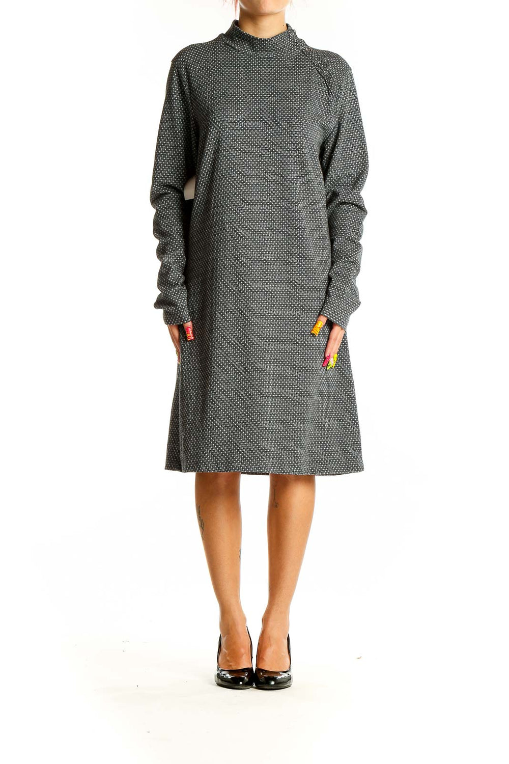 Front view of gray polka dot mock neck dress by Synergy Organic Clothing