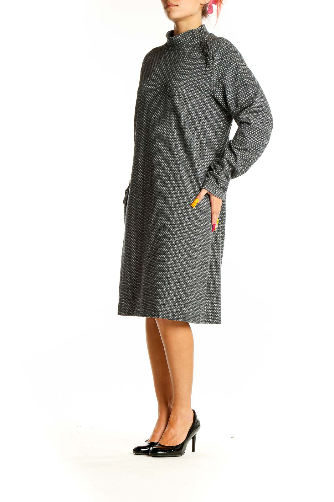 Front view of gray polka dot mock neck dress by Synergy Organic Clothing