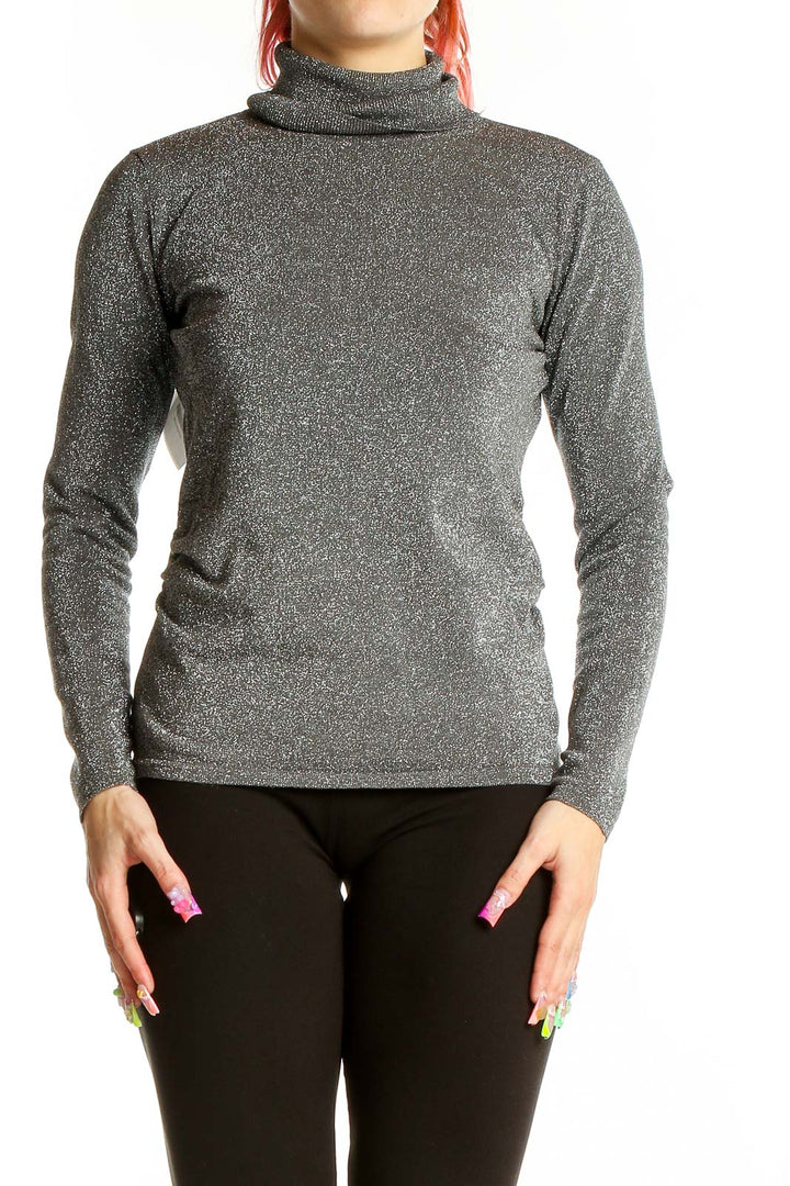 Front view of Chelsea & Theodore metallic gray turtleneck sweater on model