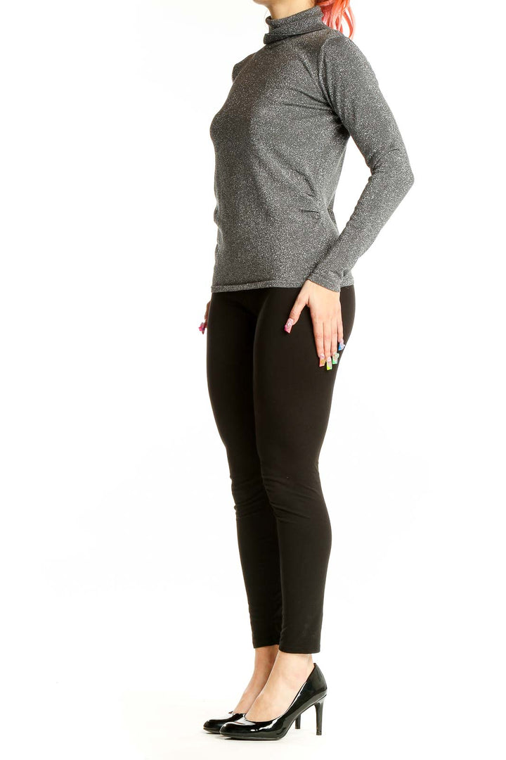 Front view of Chelsea & Theodore metallic gray turtleneck sweater on model