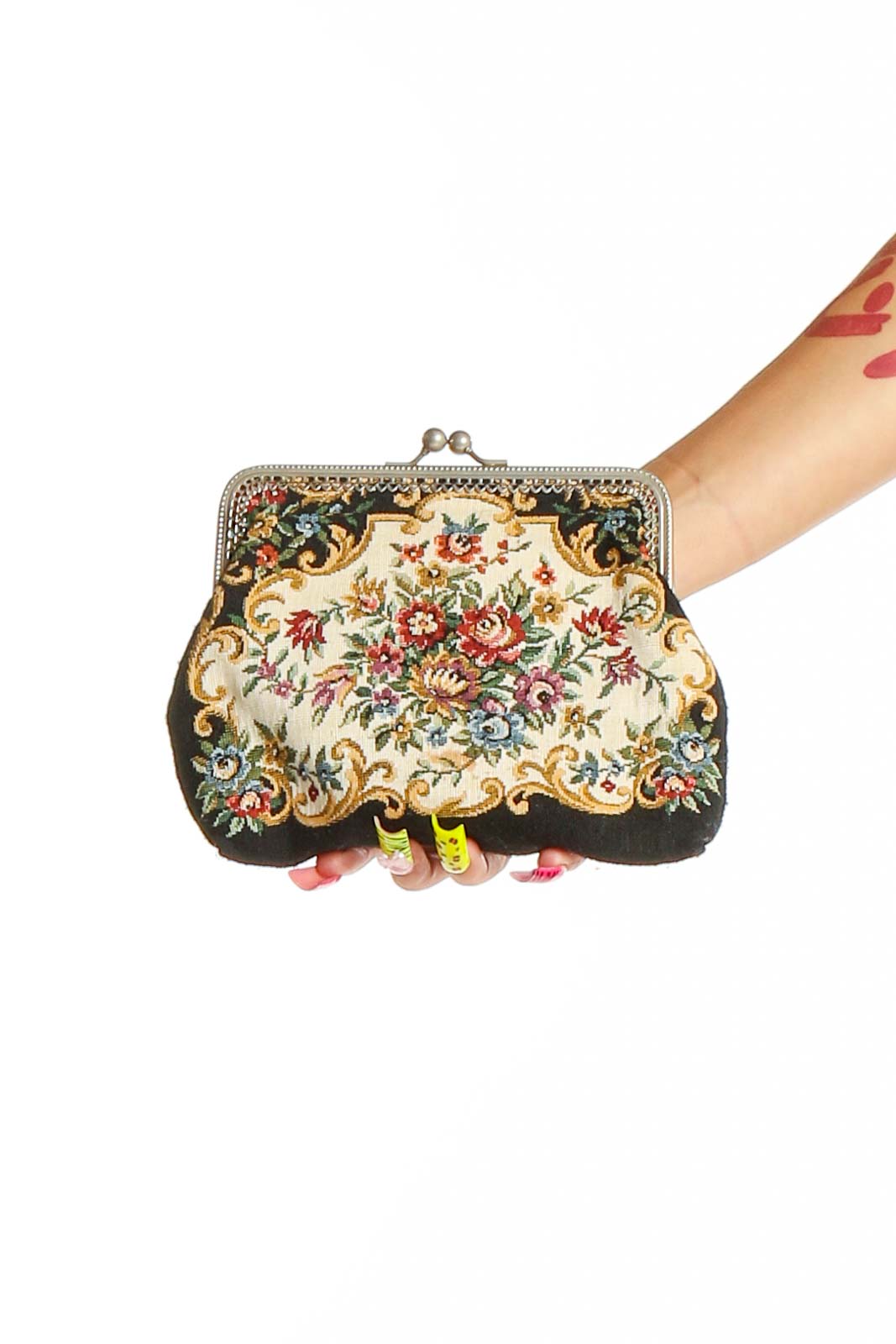 Front view of SilkRoll vintage-style floral tapestry clutch with gold accents