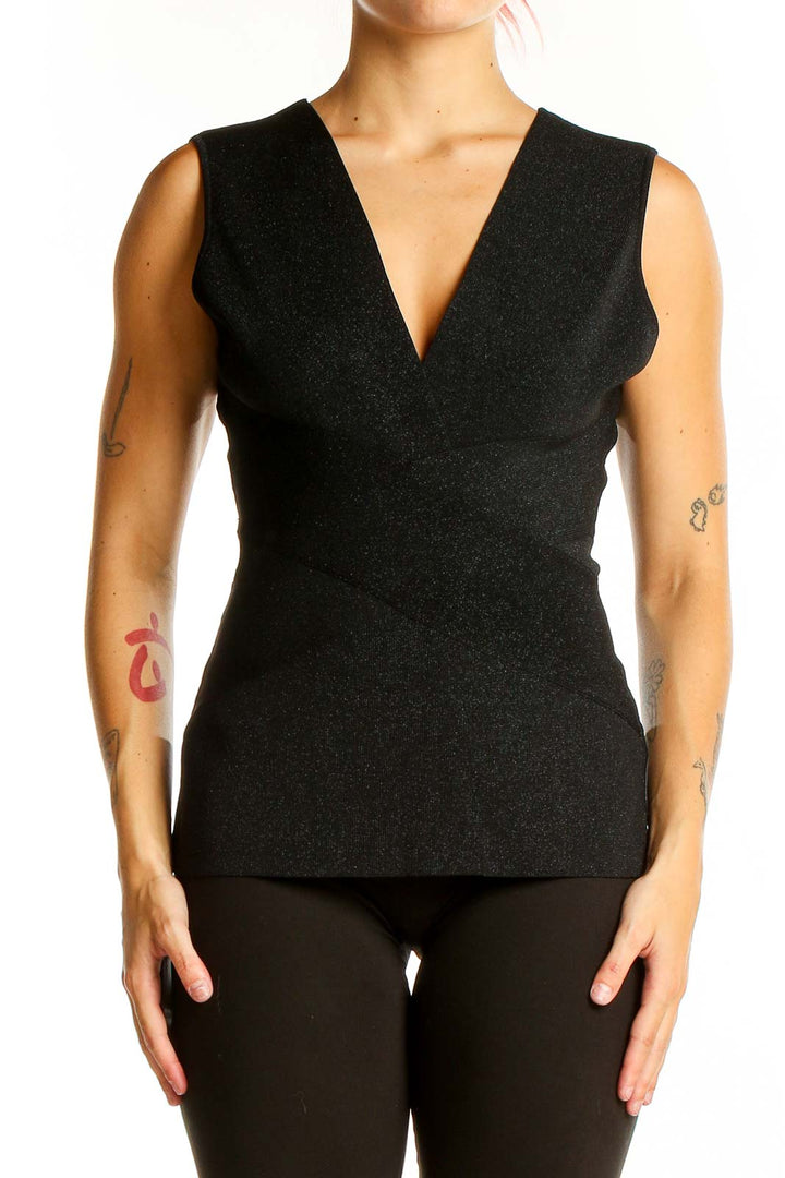 Front view of Bailey 44 black V-neck sleeveless top on model