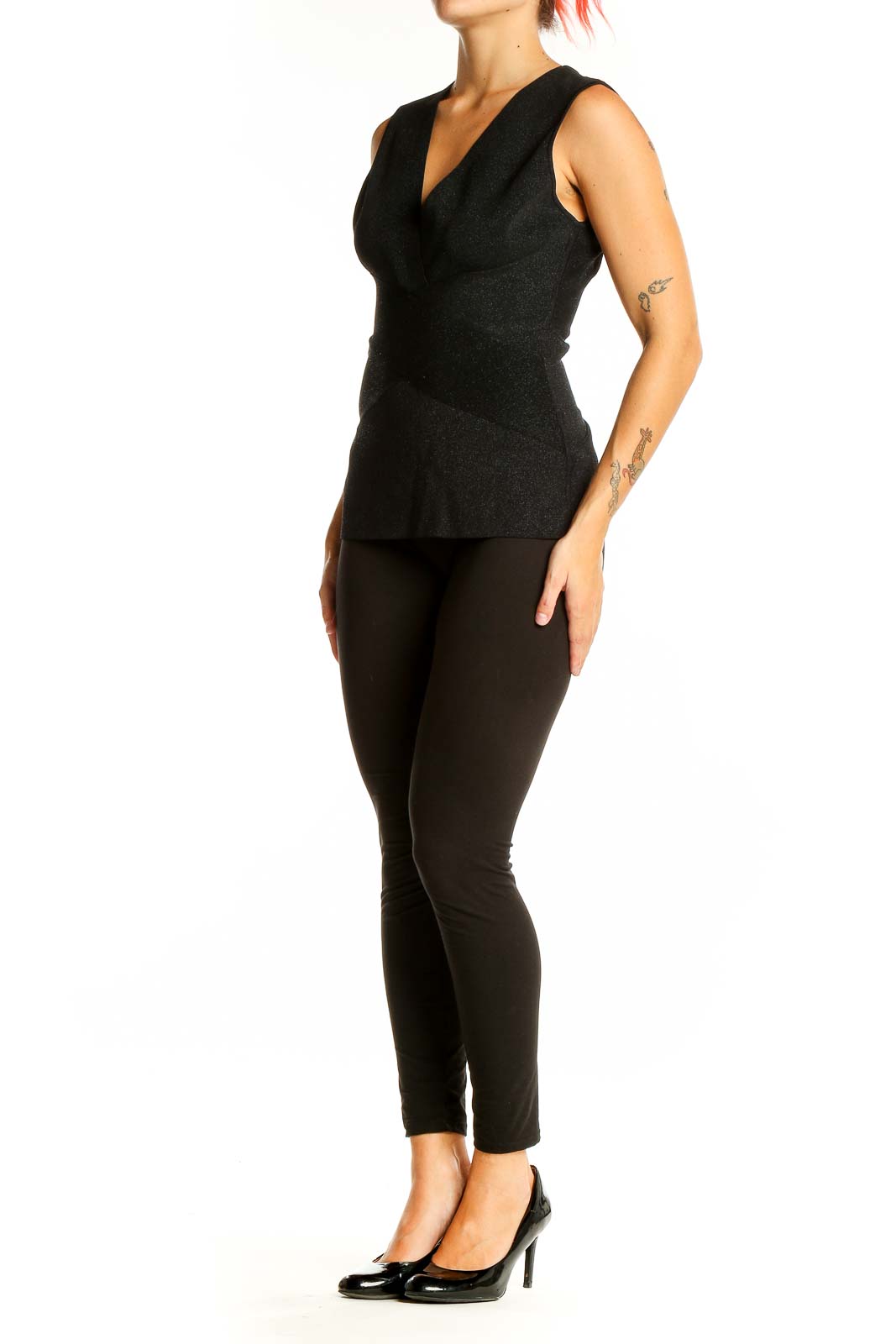 Front view of Bailey 44 black V-neck sleeveless top on model