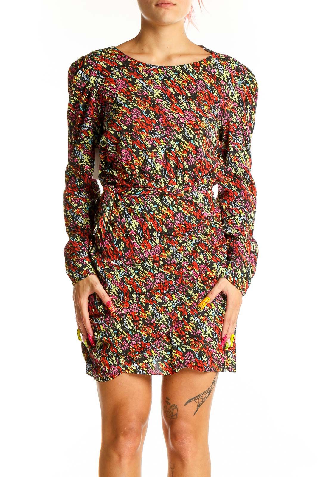 Front view of Zara multicolor floral print mini dress with long sleeves