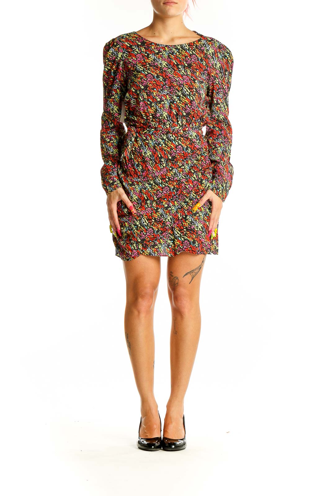 Front view of Zara multicolor floral print mini dress with long sleeves