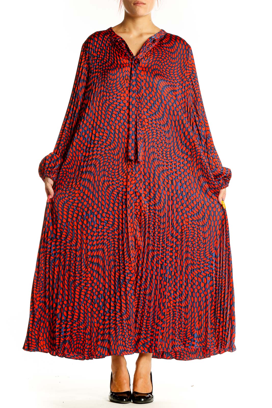 Front view of Scoop red and blue geometric print maxi dress with bishop sleeves