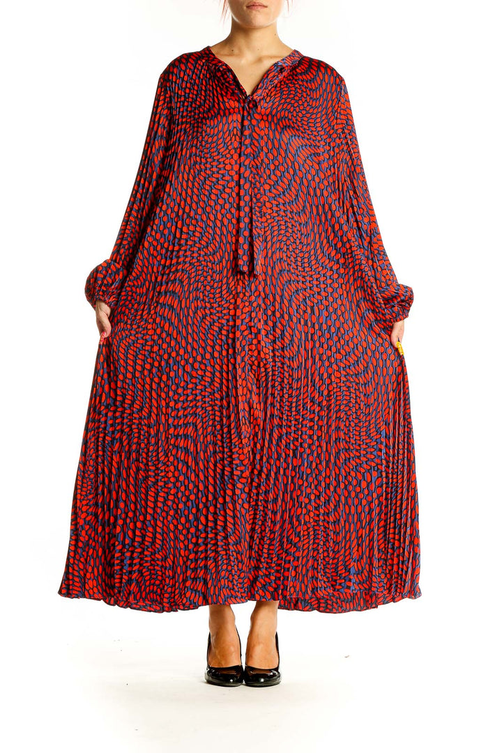 Front view of Scoop red and blue geometric print maxi dress with bishop sleeves