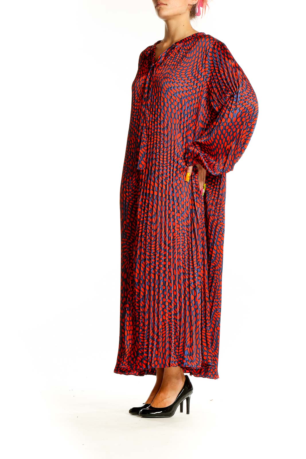 Front view of Scoop red and blue geometric print maxi dress with bishop sleeves