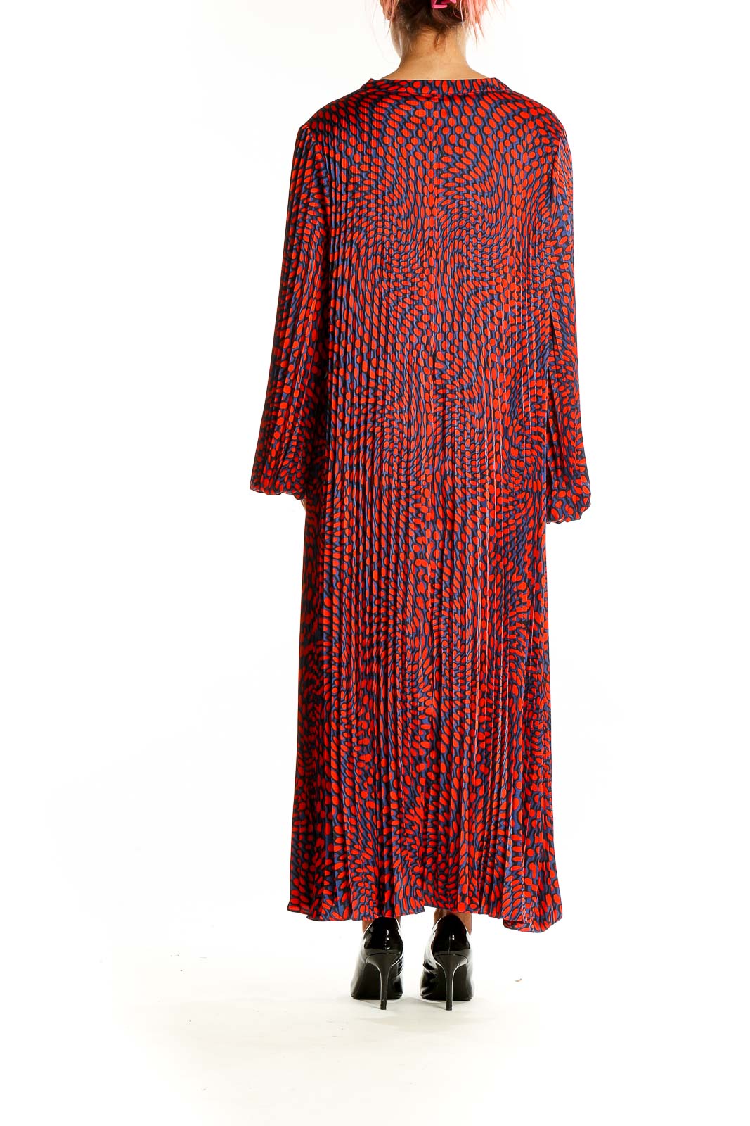 Back view of Scoop red and blue geometric print maxi dress showing full-length silhouette