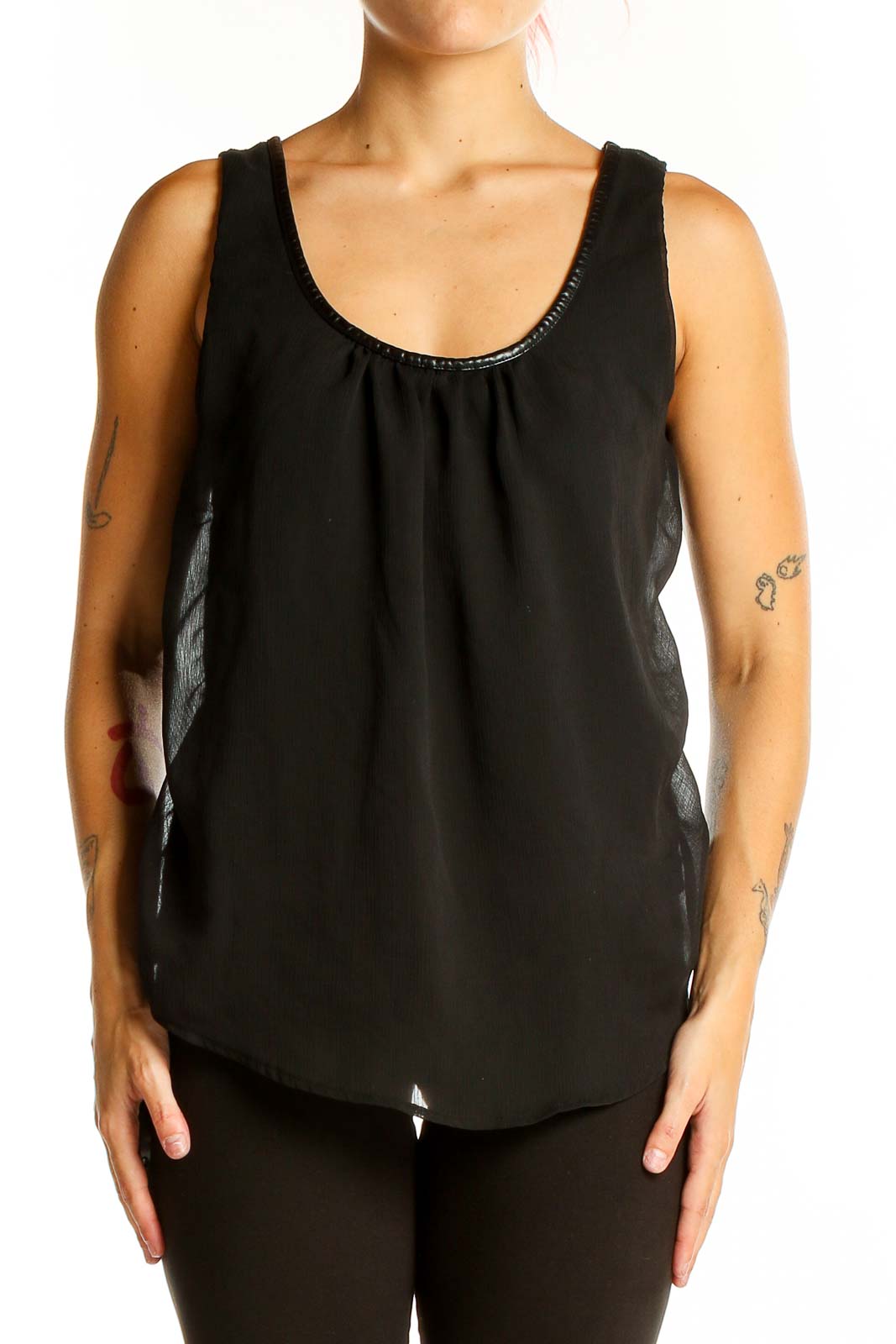 Front view of black sleeveless flowy tank top from Banana Republic