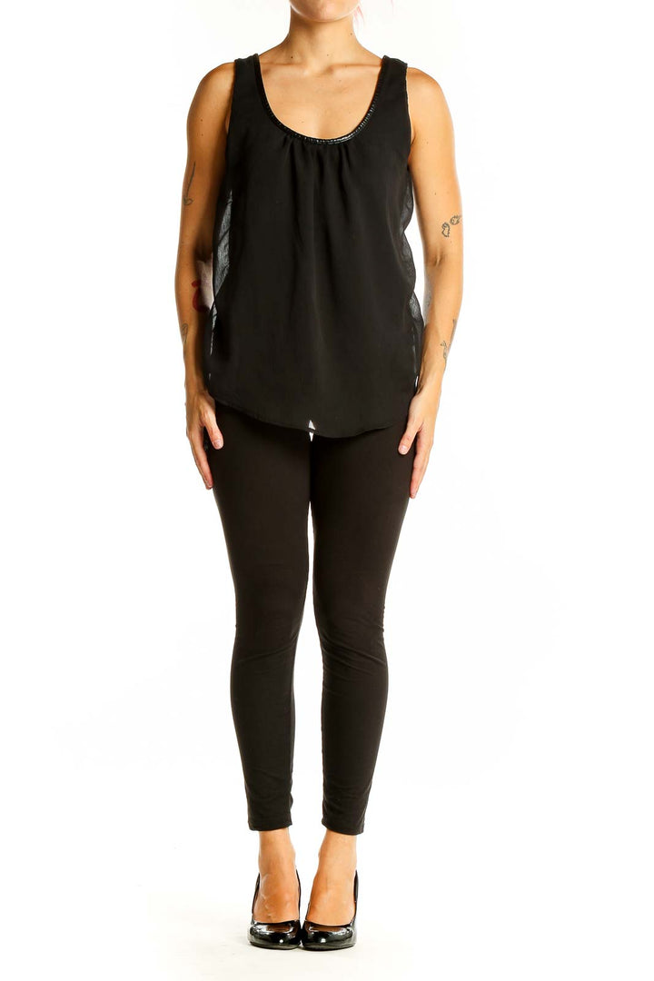 Front view of black sleeveless flowy tank top from Banana Republic