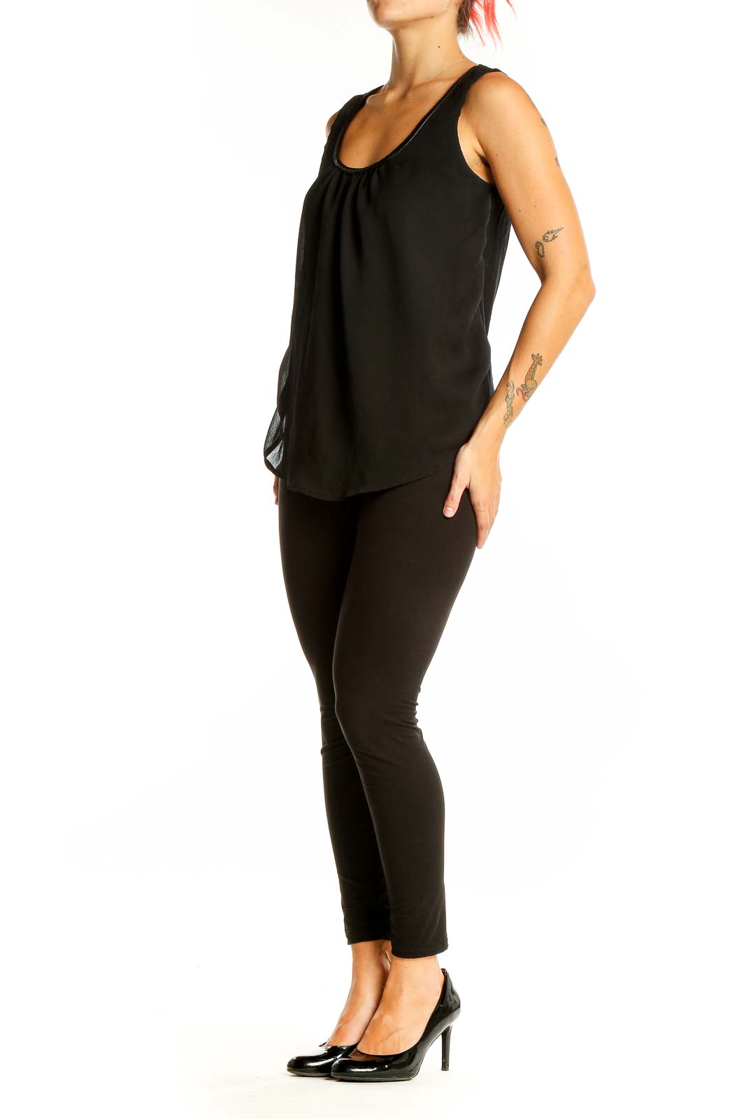 Front view of black sleeveless flowy tank top from Banana Republic