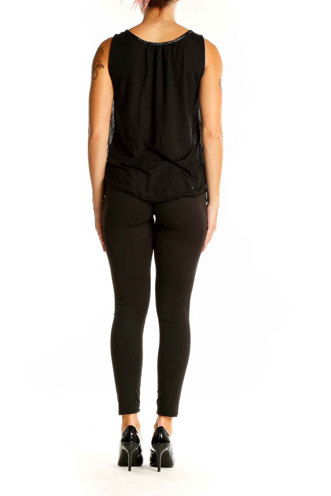 Back view of black sleeveless flowy tank top from Banana Republic