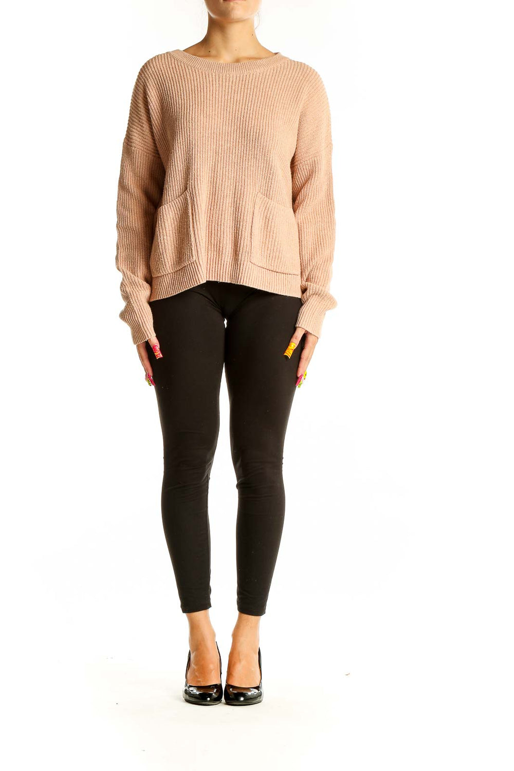 Front view of Madewell beige ribbed knit sweater with pockets