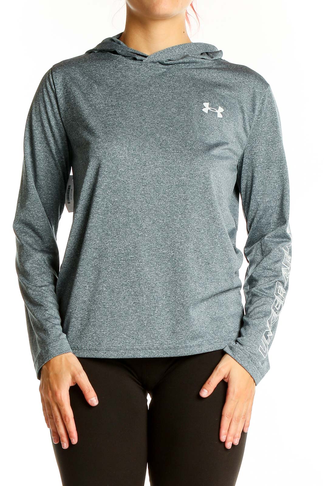 Front view of gray Under Armour hooded athletic top