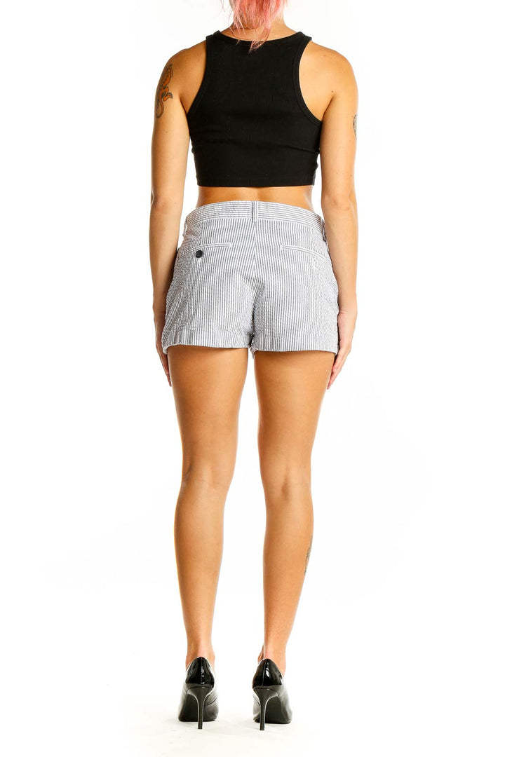 Back view of Banana Republic gray striped shorts showing pocket detail