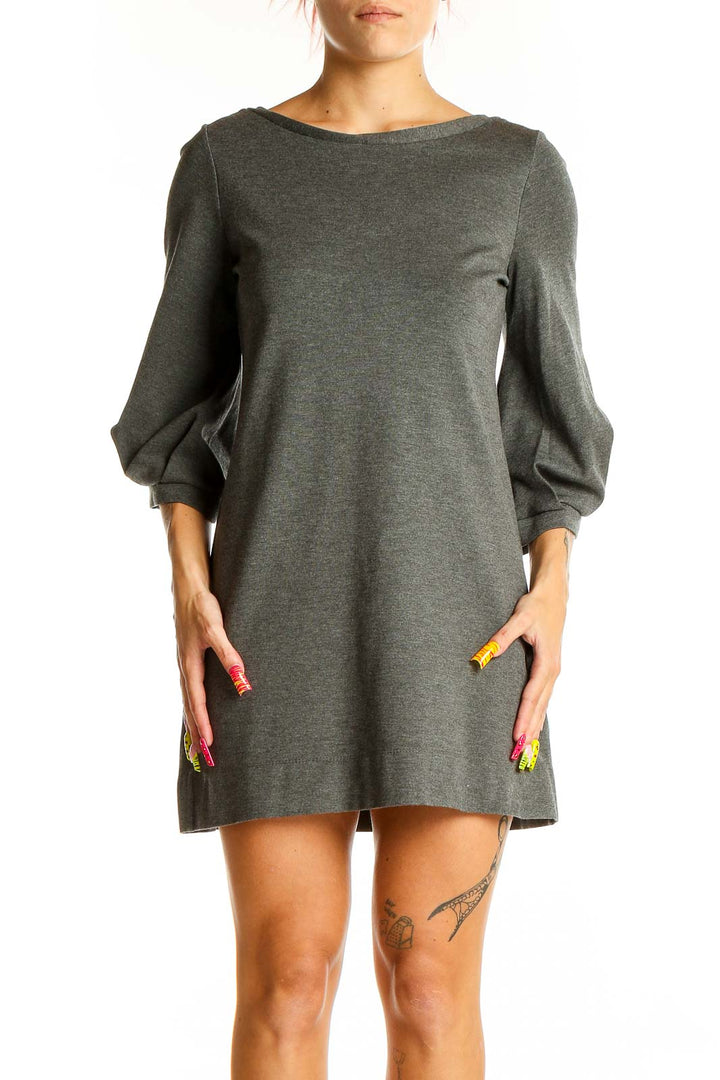 Front view of gray Theory knit mini dress with puff sleeves