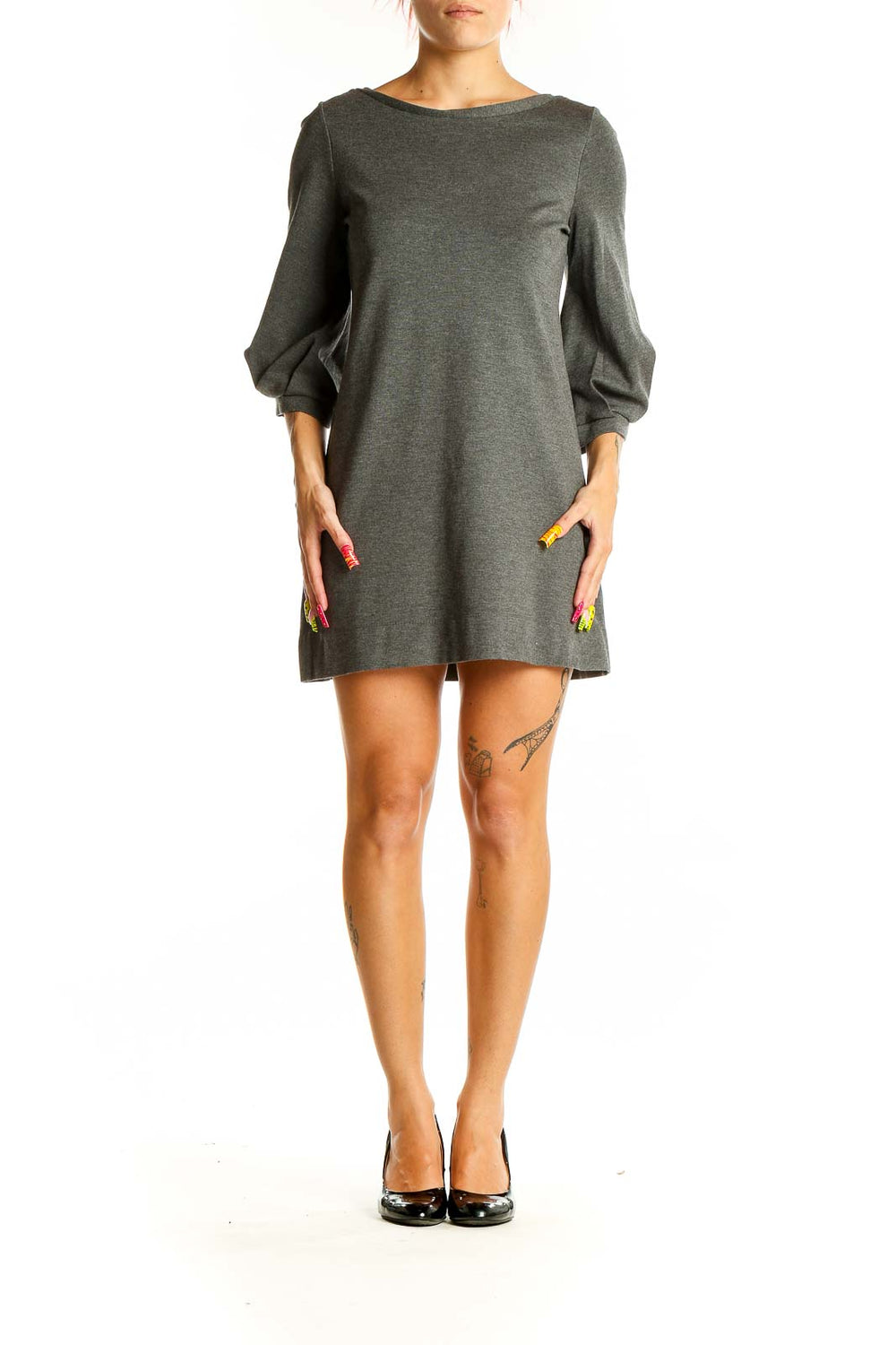 Front view of gray Theory knit mini dress with puff sleeves