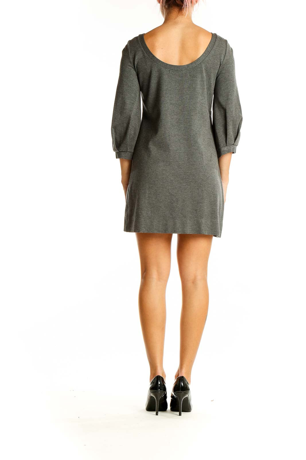 Back view of gray Theory knit mini dress showing scoop neckline